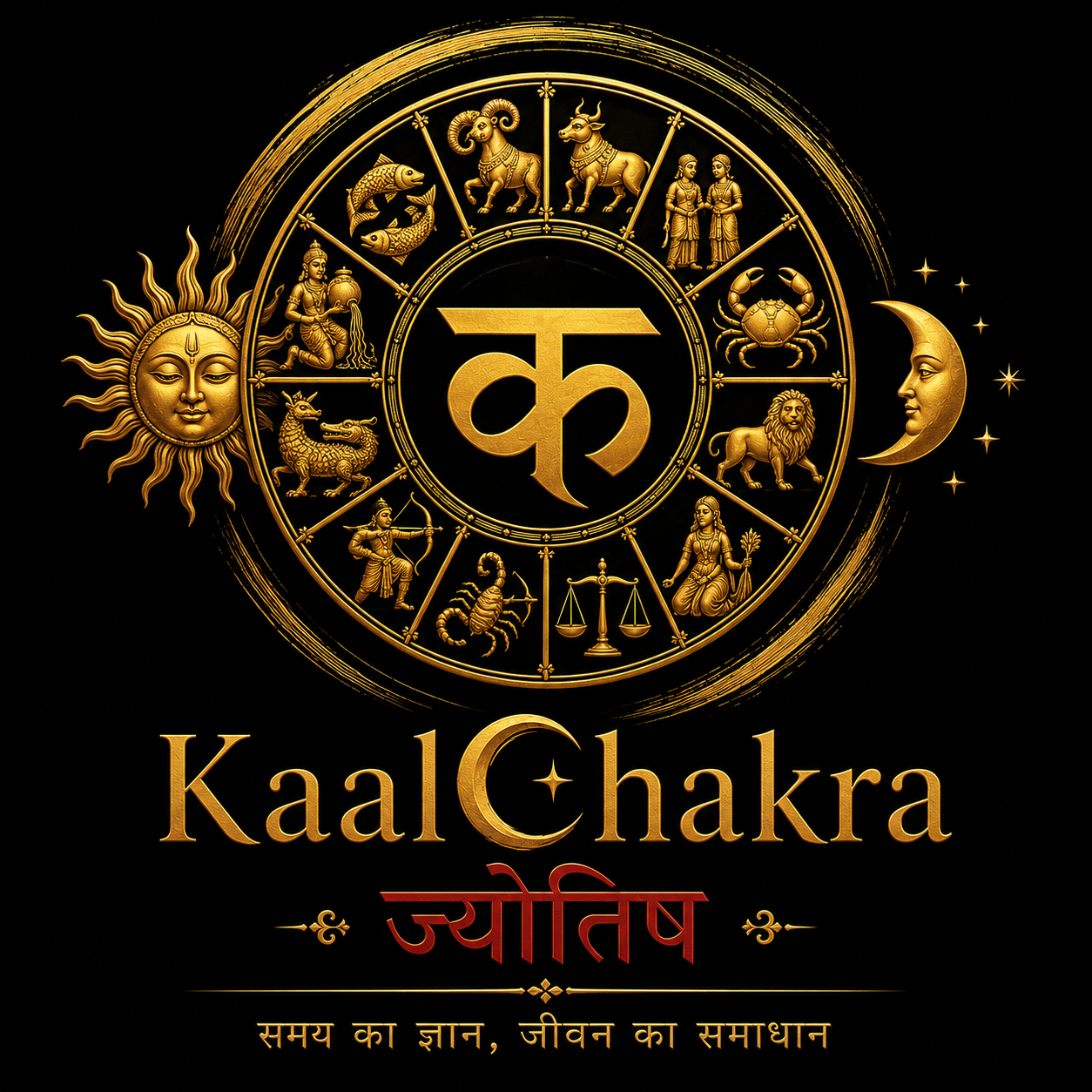 KaalChakra Jyotish — गोल राशि चक्र, सूर्य और चंद्र के साथ